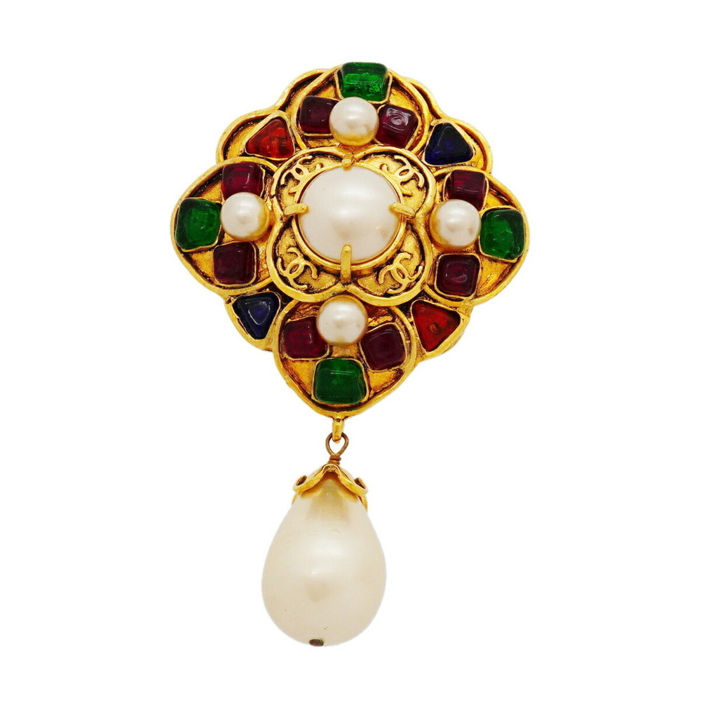 Chanel Brooch, Coco Mark, GP Plated, Faux Pearl, Gripoix Gold, Multicolor, Wo...